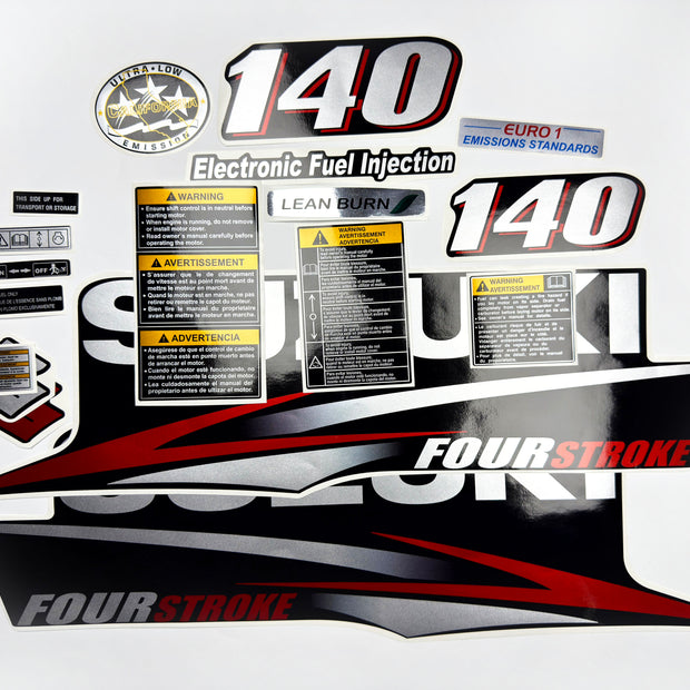 Vinyl graphic red silver shimmer decals set suitable for Suzuki 140 hp four stroke outboard engine. Vinyl stickers kit for suzuki 140 hp four stroke Handmade