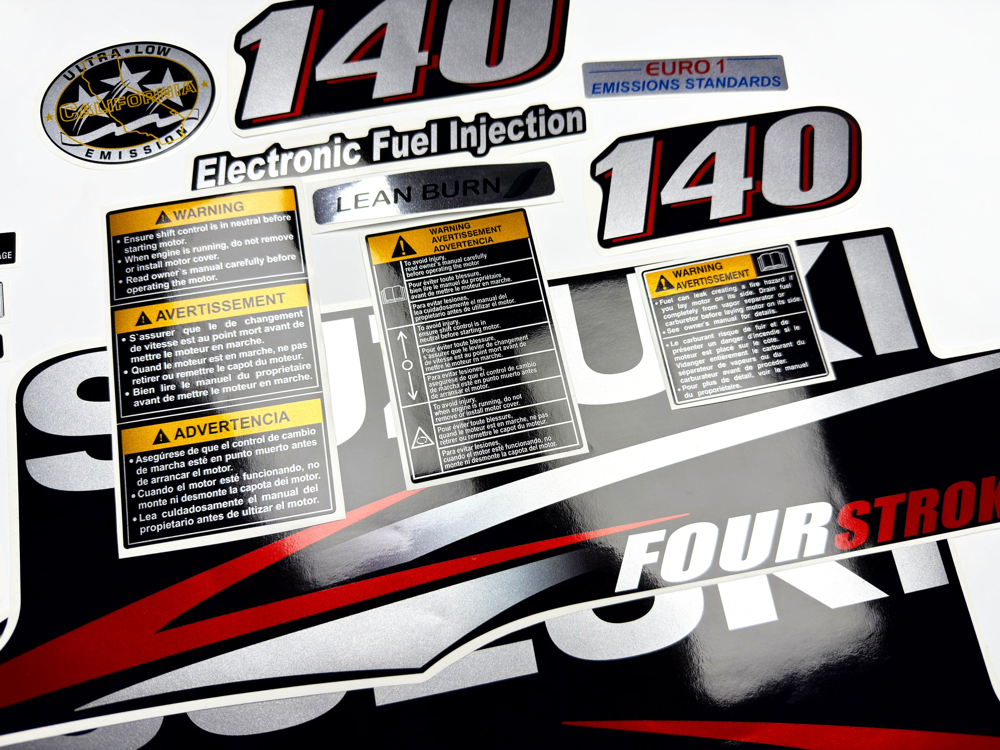 Vinyl graphic red silver shimmer decals set suitable for Suzuki 140 hp four stroke outboard engine. Vinyl stickers kit for suzuki 140 hp four stroke Handmade