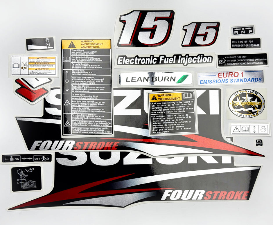Vinyl graphic red silver shimmer decals set suitable for Suzuki 15 hp four stroke outboard engine. Vinyl stickers kit for suzuki 15 hp four stroke Handmade