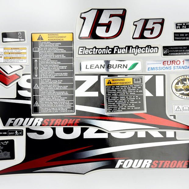 Vinyl graphic red silver shimmer decals set suitable for Suzuki 15 hp four stroke outboard engine. Vinyl stickers kit for suzuki 15 hp four stroke Handmade