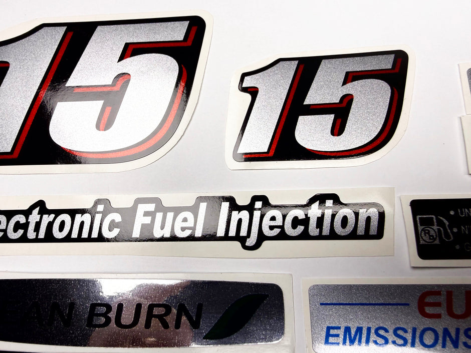 Vinyl graphic red silver shimmer decals set suitable for Suzuki 15 hp four stroke outboard engine. Vinyl stickers kit for suzuki 15 hp four stroke Handmade