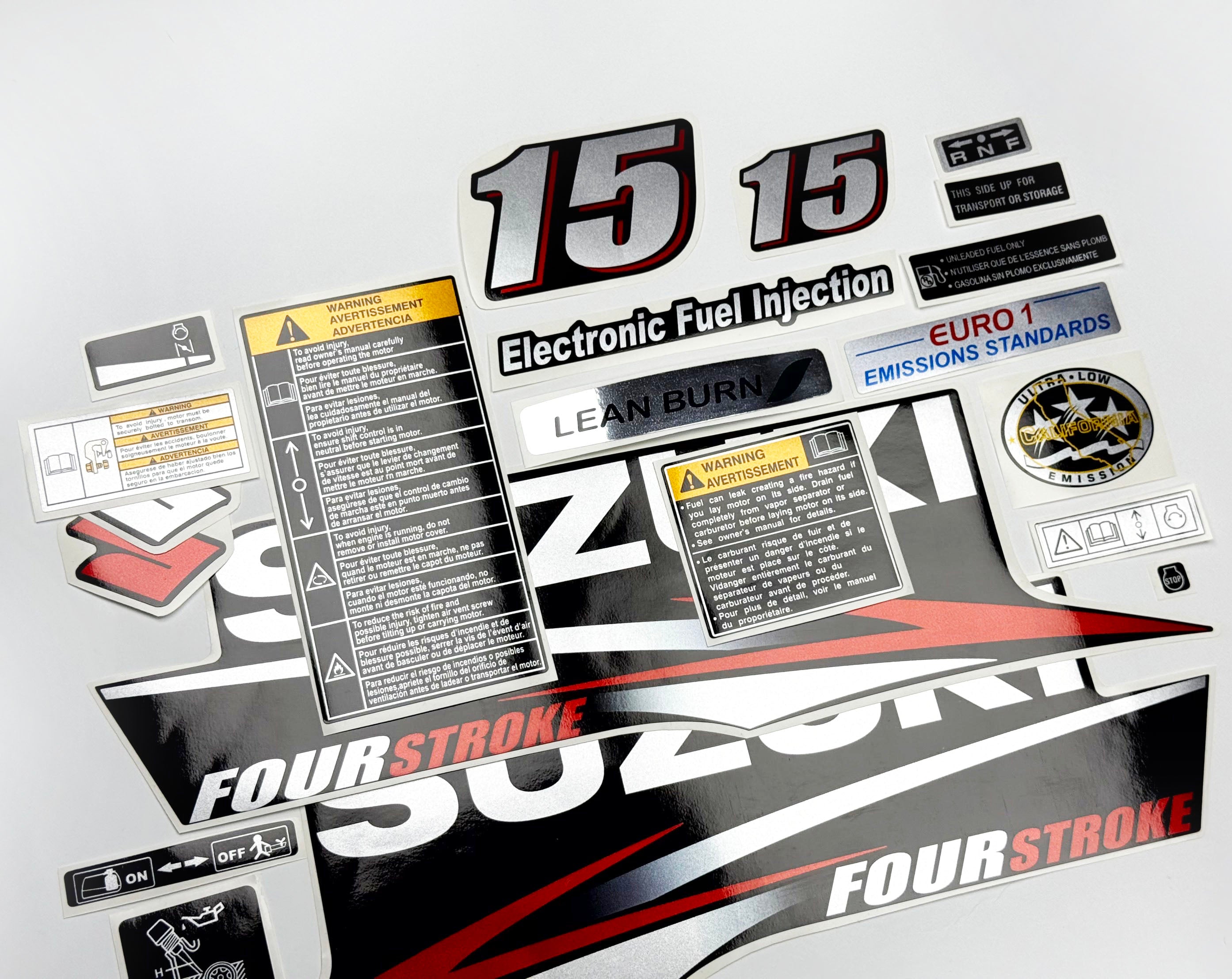 Vinyl graphic red silver shimmer decals set suitable for Suzuki 15 hp four stroke outboard engine. Vinyl stickers kit for suzuki 15 hp four stroke Handmade