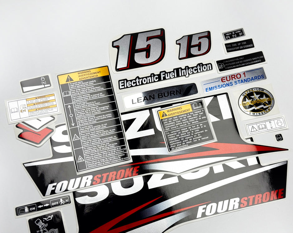 Vinyl graphic red silver shimmer decals set suitable for Suzuki 15 hp four stroke outboard engine. Vinyl stickers kit for suzuki 15 hp four stroke Handmade