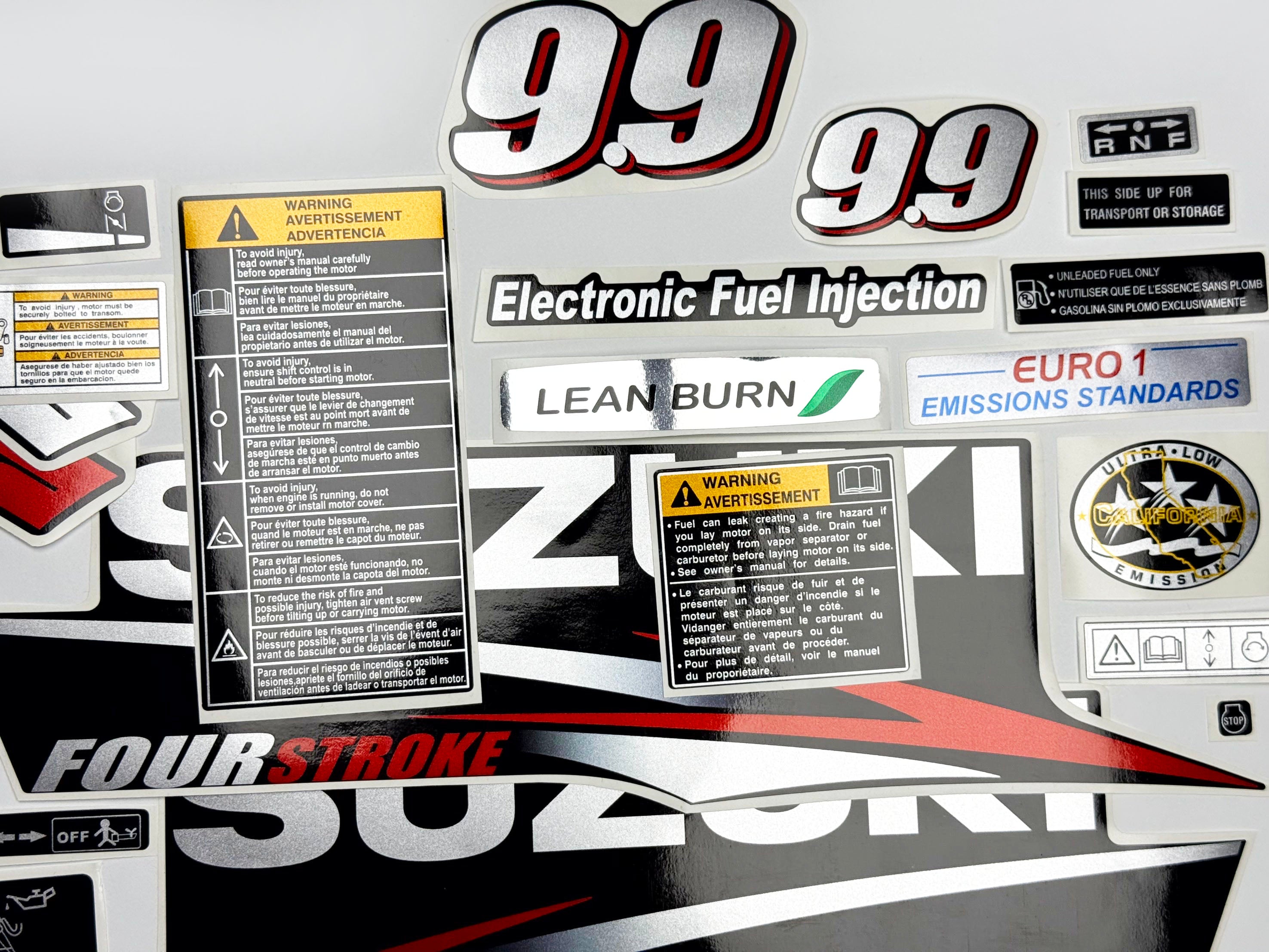 Vinyl graphic red silver shimmer decals set suitable for Suzuki 9.9 hp four stroke outboard engine. Vinyl stickers kit for suzuki 9.9 hp four stroke Handmade (Copy)