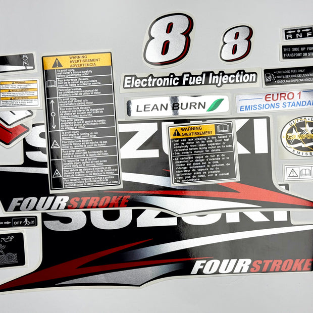Vinyl graphic red silver shimmer decals set suitable for Suzuki 8 hp four stroke outboard engine. Vinyl stickers kit for suzuki 8 hp four stroke Handmade