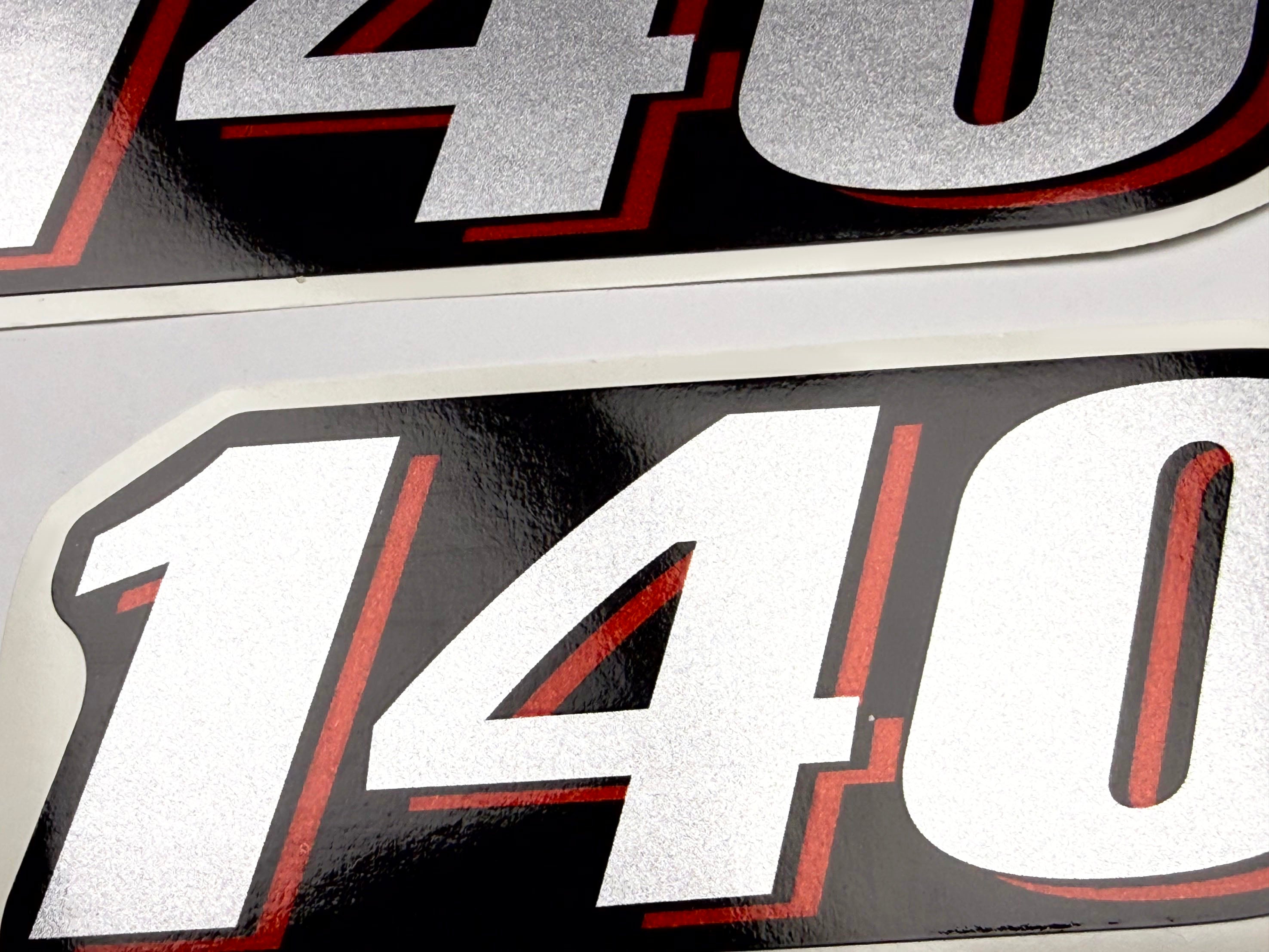 Vinyl graphic red silver shimmer decal numder suitable for Suzuki 140 hp four stroke outboard engine. Vinyl sticker number for suzuki 140 hp four stroke Handmade