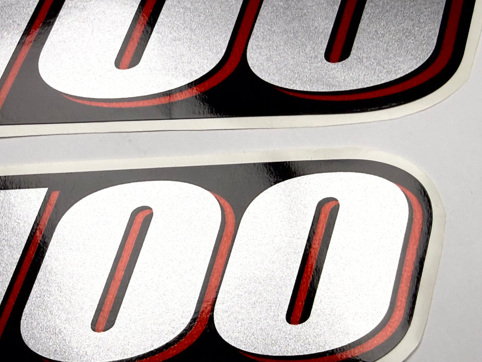Vinyl graphic red silver shimmer decal numder suitable for Suzuki 100 hp four stroke outboard engine. Vinyl sticker number for suzuki 100 hp four stroke Handmade