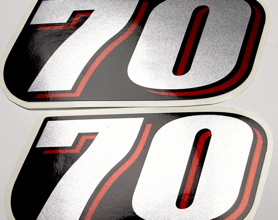 Vinyl graphic red silver shimmer decal numder suitable for Suzuki 70 hp four stroke outboard engine. Vinyl sticker number for suzuki 70 hp four stroke Handmade