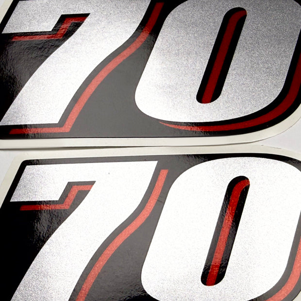 Vinyl graphic red silver shimmer decal numder suitable for Suzuki 70 hp four stroke outboard engine. Vinyl sticker number for suzuki 70 hp four stroke Handmade