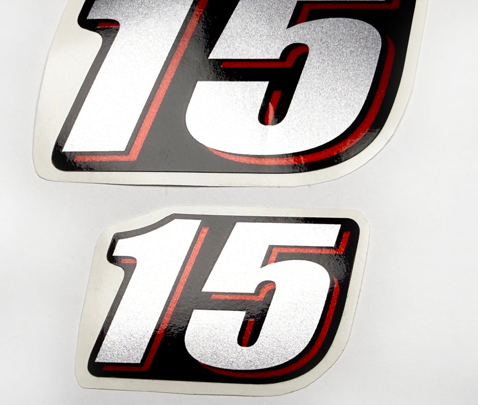 Vinyl graphic red silver shimmer decal numder suitable for Suzuki 15 hp four stroke outboard engine. Vinyl sticker number for suzuki 15 hp four stroke Handmade