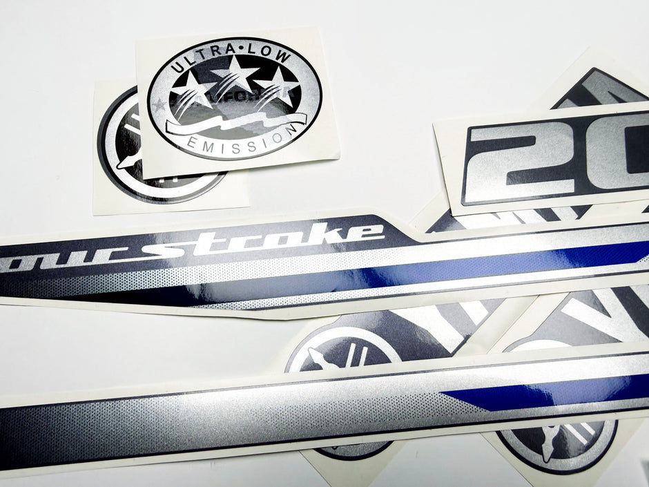 Vinyl graphic metalized silver shimmer decals set suitable for Yamaha 20 hp four stroke outboard engine. Vinyl stickers kit for Yamaha 20 hp four stroke Handmade