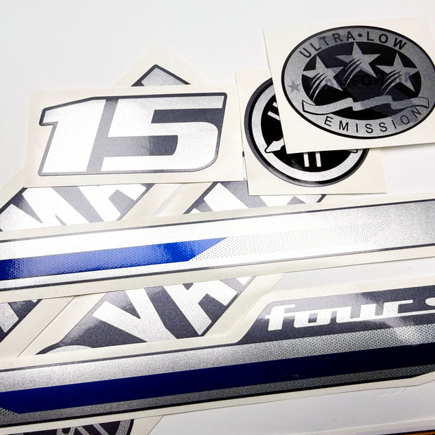 Vinyl graphic decals metalized silver shimmer set suitable for Yamaha 15 hp four stroke outboard engine. Vinyl stickers kit for Yamaha 15 hp four stroke Handmade