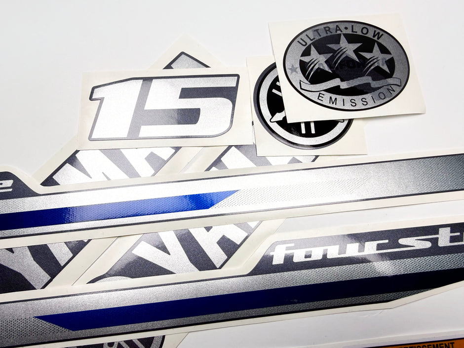 Vinyl graphic decals metalized silver shimmer set suitable for Yamaha 15 hp four stroke outboard engine. Vinyl stickers kit for Yamaha 15 hp four stroke Handmade