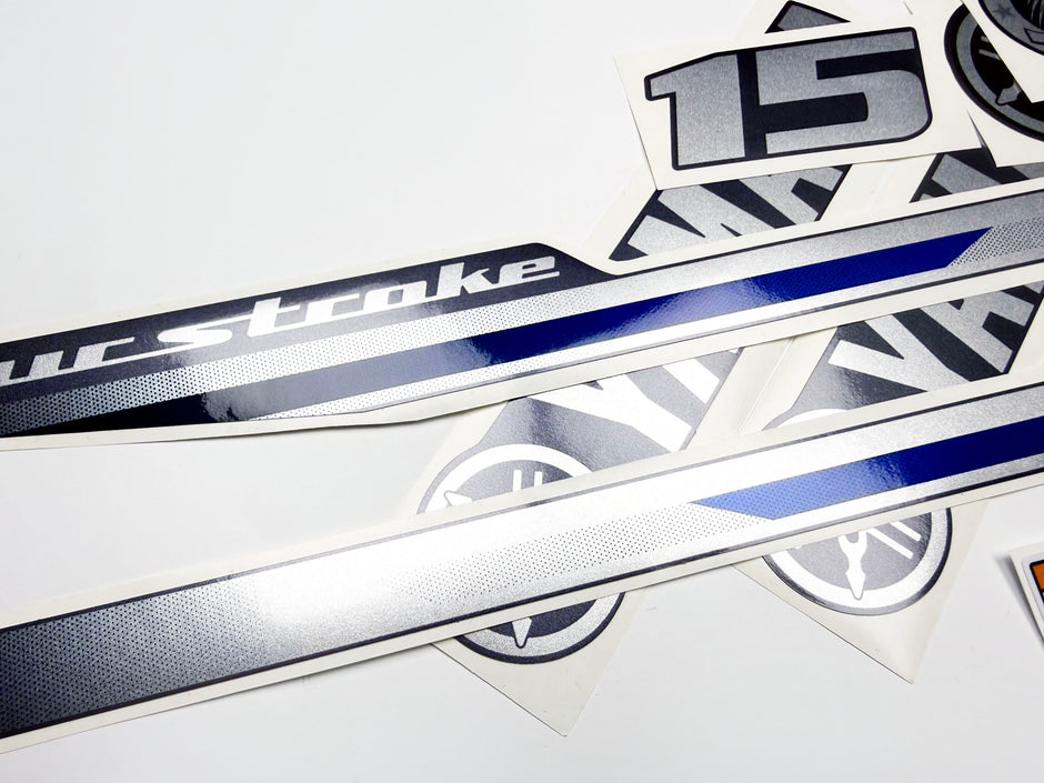 Vinyl graphic decals metalized silver shimmer set suitable for Yamaha 15 hp four stroke outboard engine. Vinyl stickers kit for Yamaha 15 hp four stroke Handmade