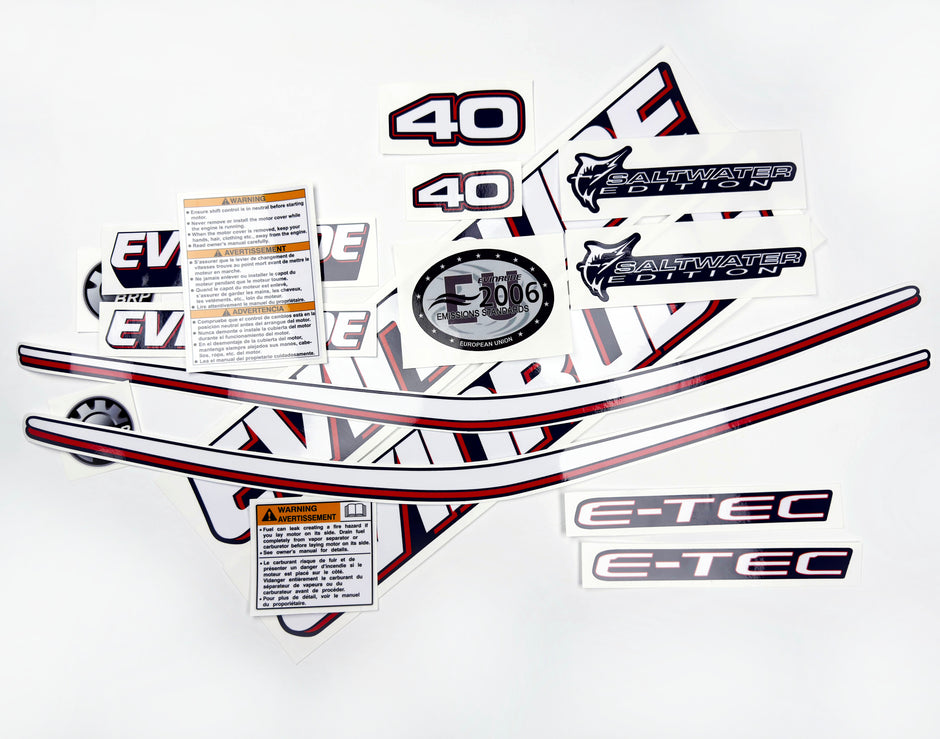 Vinyl graphic decals set suitable for Evinrude 40 hp two stroke outboard engine for blue cover cowling . Vinyl stickers kit for Ewinrude 40 hp two stroke Handmade