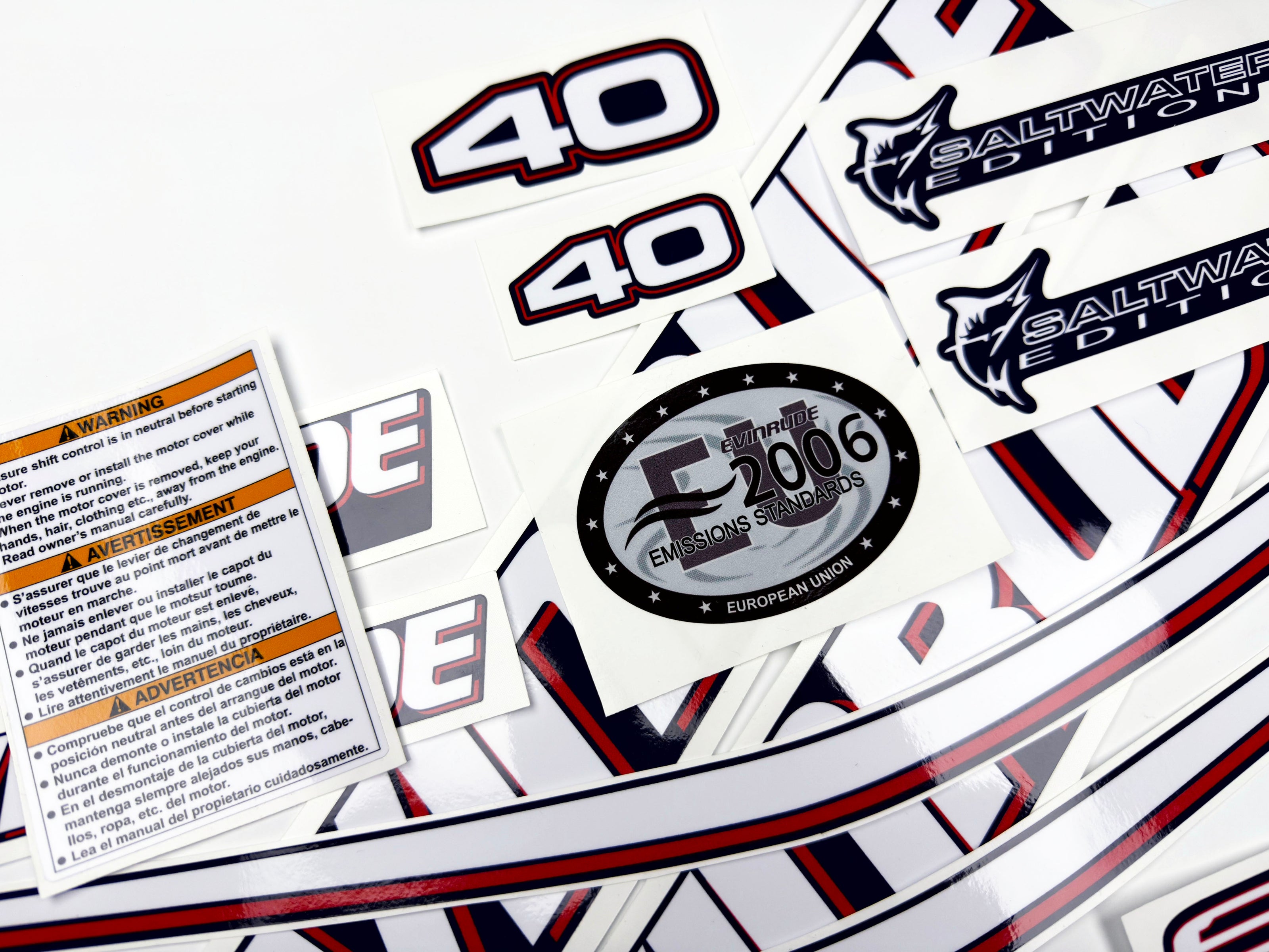 Vinyl graphic decals set suitable for Evinrude 40 hp two stroke outboard engine for blue cover cowling . Vinyl stickers kit for Ewinrude 40 hp two stroke Handmade