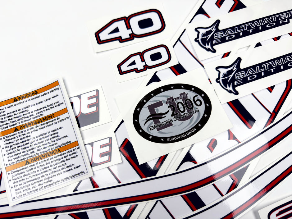 Vinyl graphic decals set suitable for Evinrude 40 hp two stroke outboard engine for blue cover cowling . Vinyl stickers kit for Ewinrude 40 hp two stroke Handmade