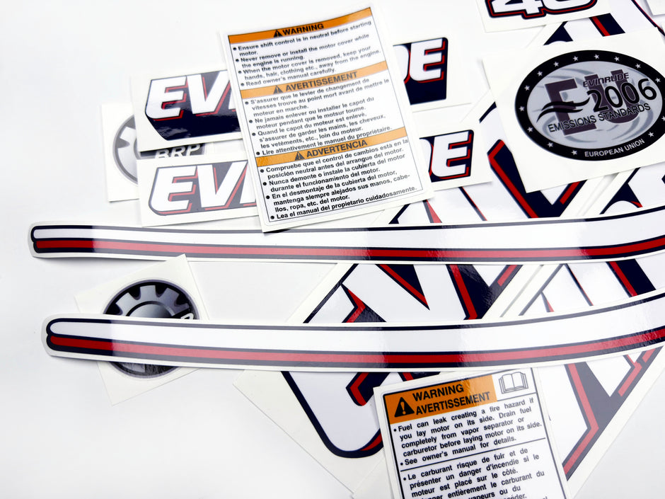 Vinyl graphic decals set suitable for Evinrude 40 hp two stroke outboard engine for blue cover cowling . Vinyl stickers kit for Ewinrude 40 hp two stroke Handmade