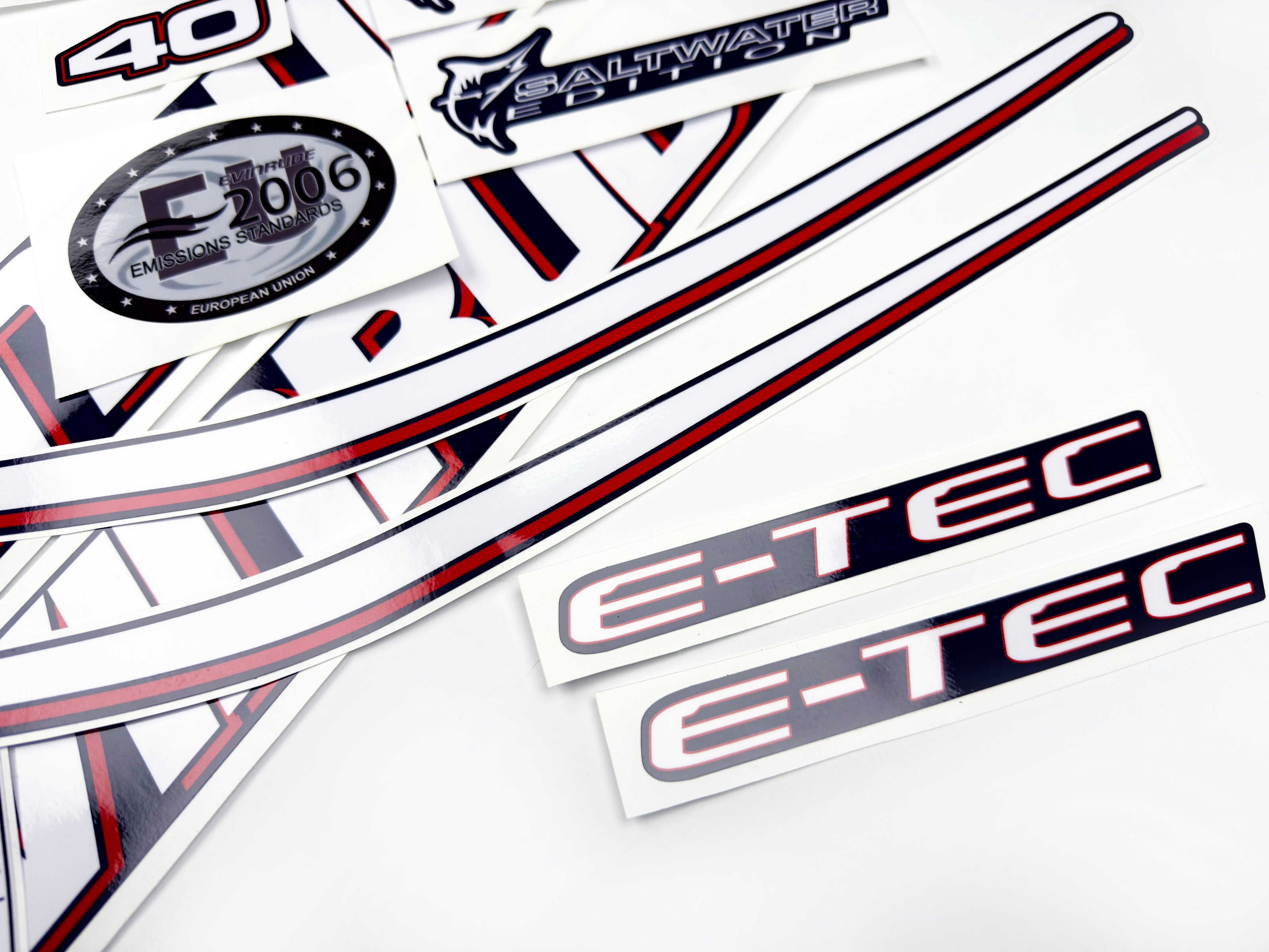 Vinyl graphic decals set suitable for Evinrude 40 hp two stroke outboard engine for blue cover cowling . Vinyl stickers kit for Ewinrude 40 hp two stroke Handmade