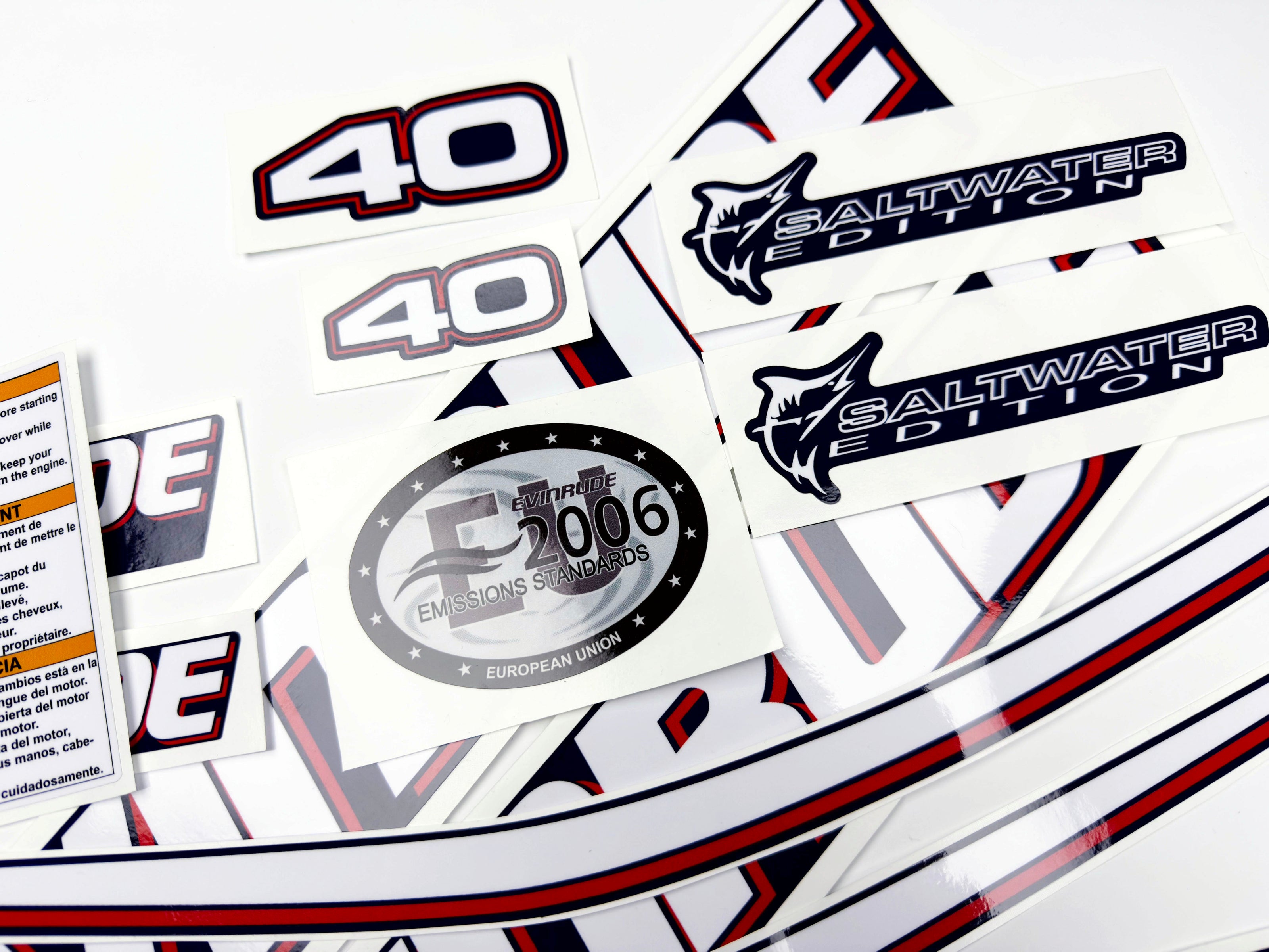 Vinyl graphic decals set suitable for Evinrude 40 hp two stroke outboard engine for blue cover cowling . Vinyl stickers kit for Ewinrude 40 hp two stroke Handmade