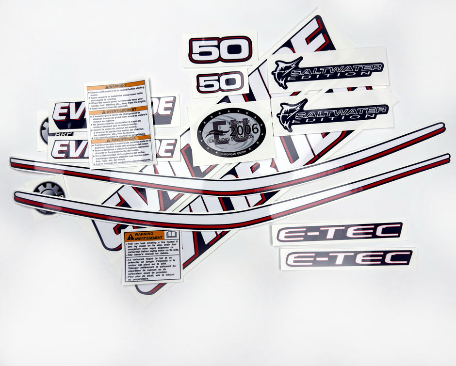 Vinyl graphic decals set suitable for Evinrude 50 hp two stroke outboard engine for blue cover cowling . Vinyl stickers kit for Ewinrude 50 hp two stroke Handmade