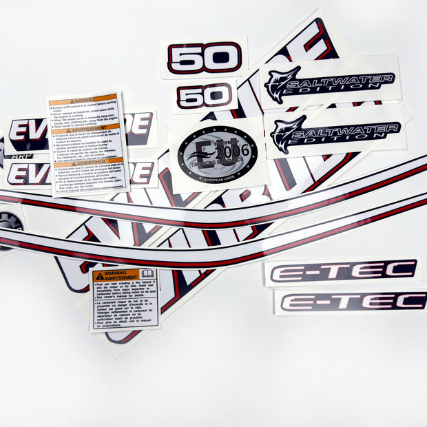 Vinyl graphic decals set suitable for Evinrude 50 hp two stroke outboard engine for blue cover cowling . Vinyl stickers kit for Ewinrude 50 hp two stroke Handmade