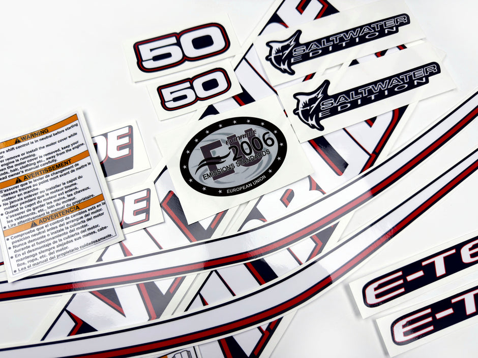 Vinyl graphic decals set suitable for Evinrude 50 hp two stroke outboard engine for blue cover cowling . Vinyl stickers kit for Ewinrude 50 hp two stroke Handmade
