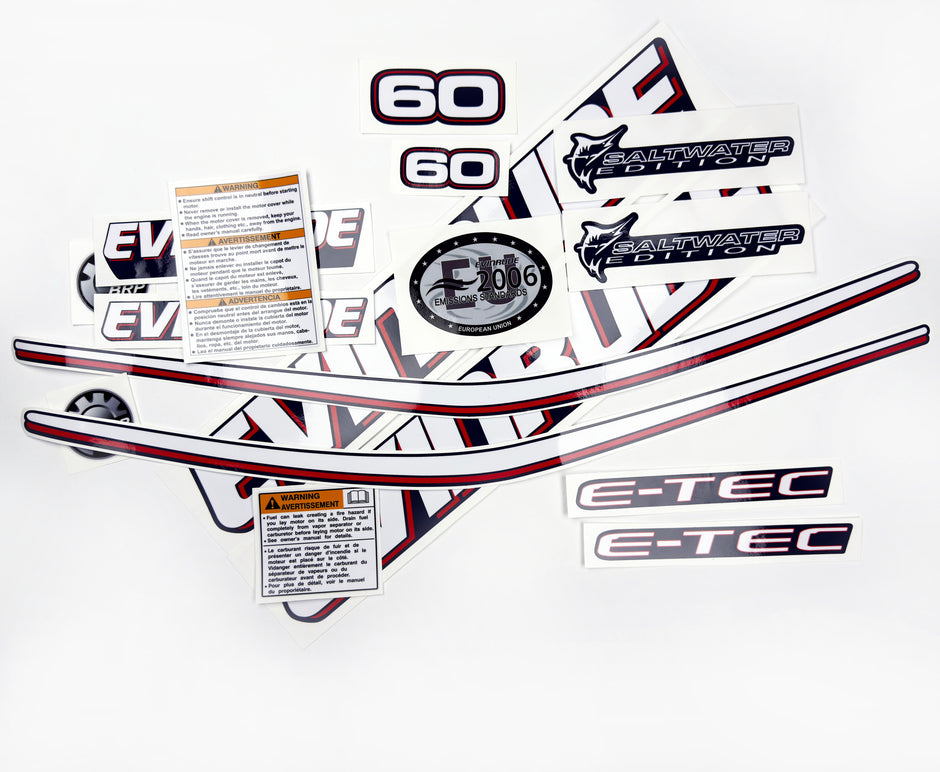 Vinyl graphic decals set suitable for Evinrude 60 hp two stroke outboard engine for blue cover cowling . Vinyl stickers kit for Ewinrude 60 hp two stroke Handmade