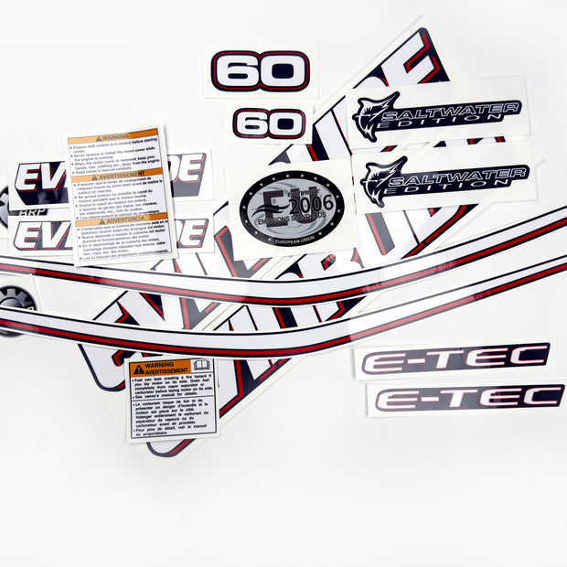 Vinyl graphic decals set suitable for Evinrude 60 hp two stroke outboard engine for blue cover cowling . Vinyl stickers kit for Ewinrude 60 hp two stroke Handmade