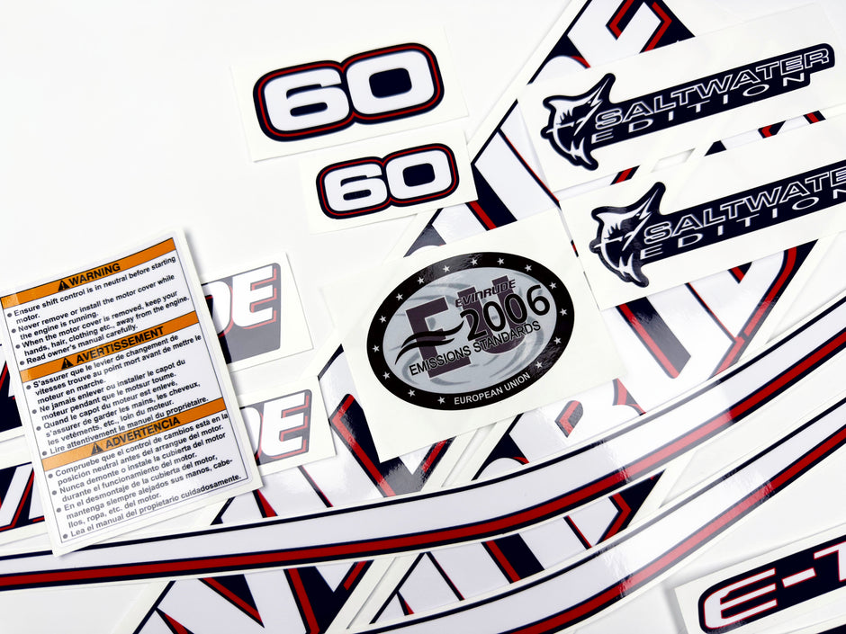 Vinyl graphic decals set suitable for Evinrude 60 hp two stroke outboard engine for blue cover cowling . Vinyl stickers kit for Ewinrude 60 hp two stroke Handmade