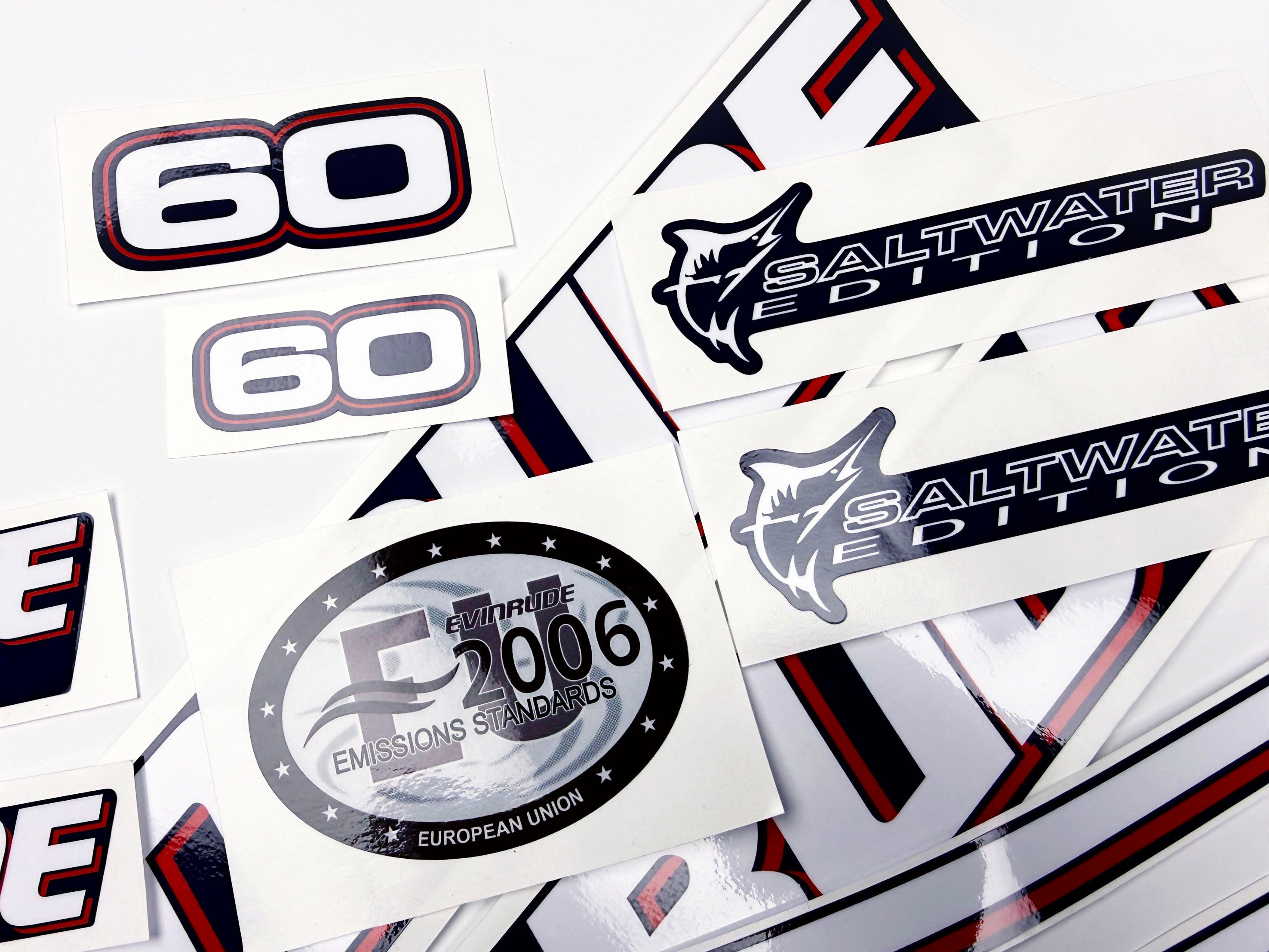 Vinyl graphic decals set suitable for Evinrude 60 hp two stroke outboard engine for blue cover cowling . Vinyl stickers kit for Ewinrude 60 hp two stroke Handmade