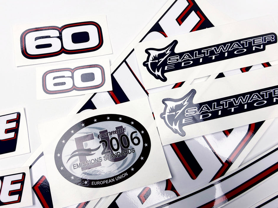 Vinyl graphic decals set suitable for Evinrude 60 hp two stroke outboard engine for blue cover cowling . Vinyl stickers kit for Ewinrude 60 hp two stroke Handmade