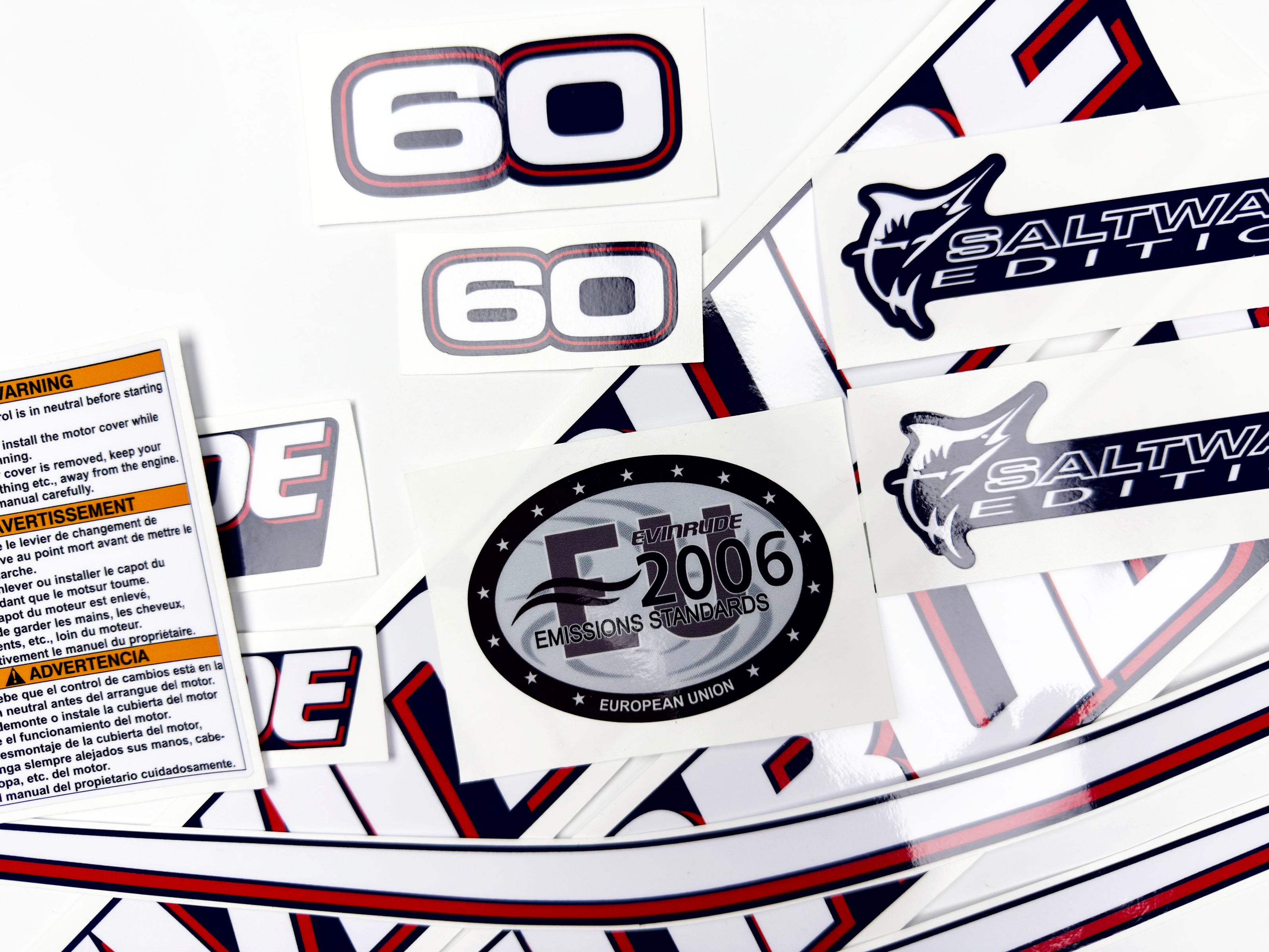 Vinyl graphic decals set suitable for Evinrude 60 hp two stroke outboard engine for blue cover cowling . Vinyl stickers kit for Ewinrude 60 hp two stroke Handmade