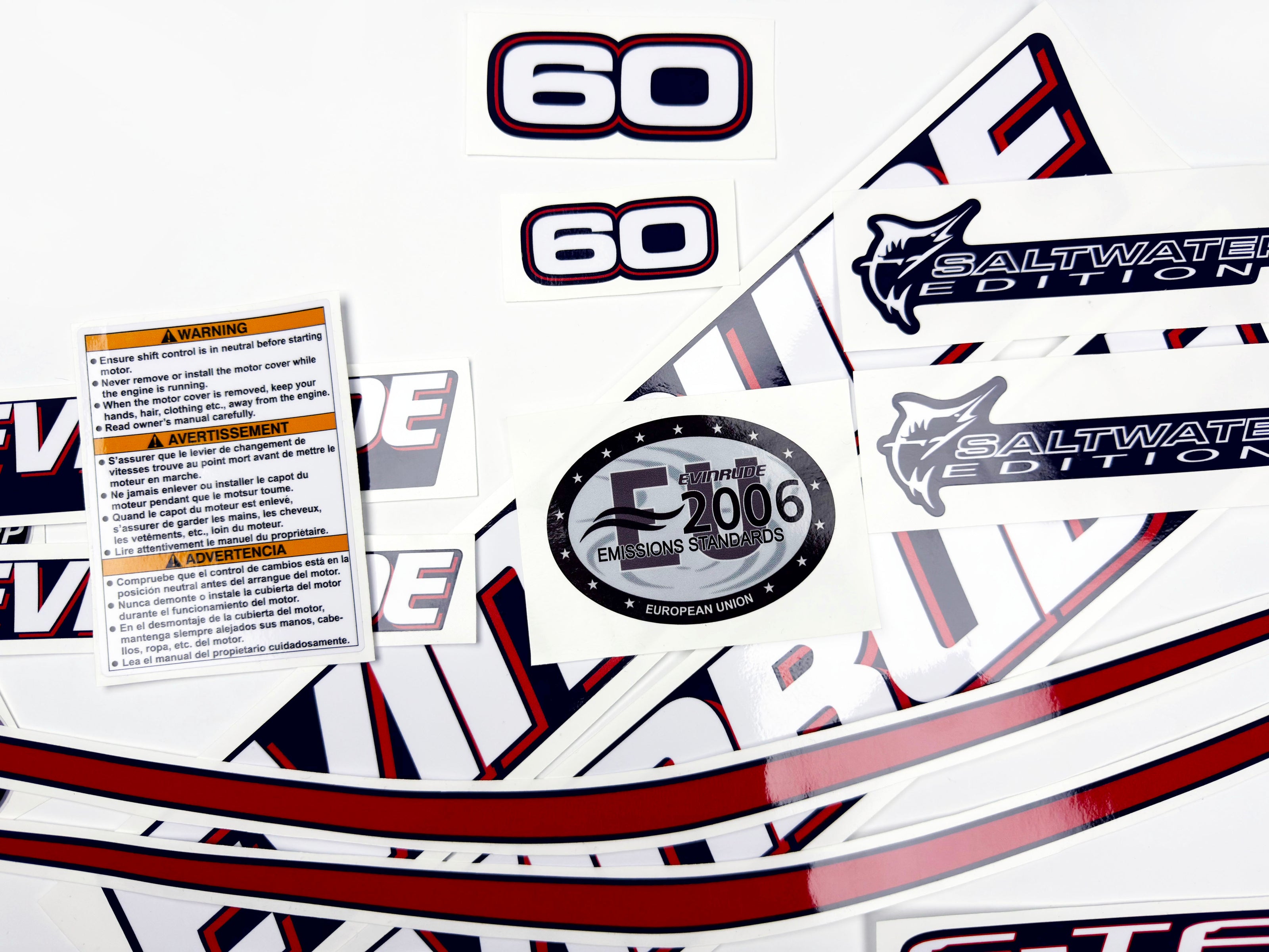 Vinyl graphic decals set suitable for Evinrude 60 hp two stroke outboard engine for blue cover cowling . Vinyl stickers kit for Ewinrude 60 hp two stroke Handmade