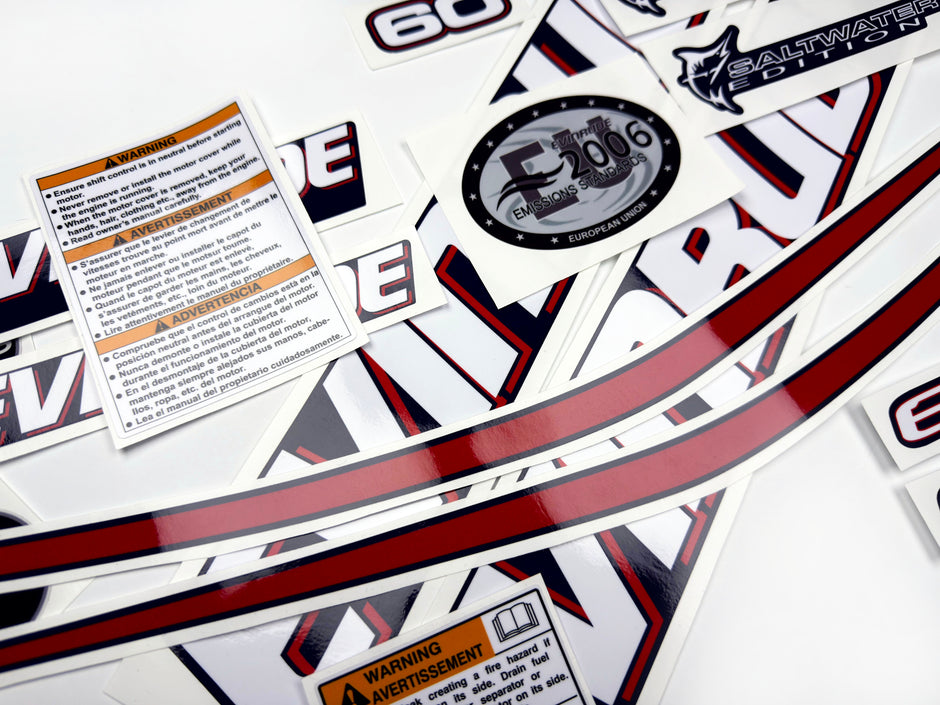 Vinyl graphic decals set suitable for Evinrude 60 hp two stroke outboard engine for blue cover cowling . Vinyl stickers kit for Ewinrude 60 hp two stroke Handmade