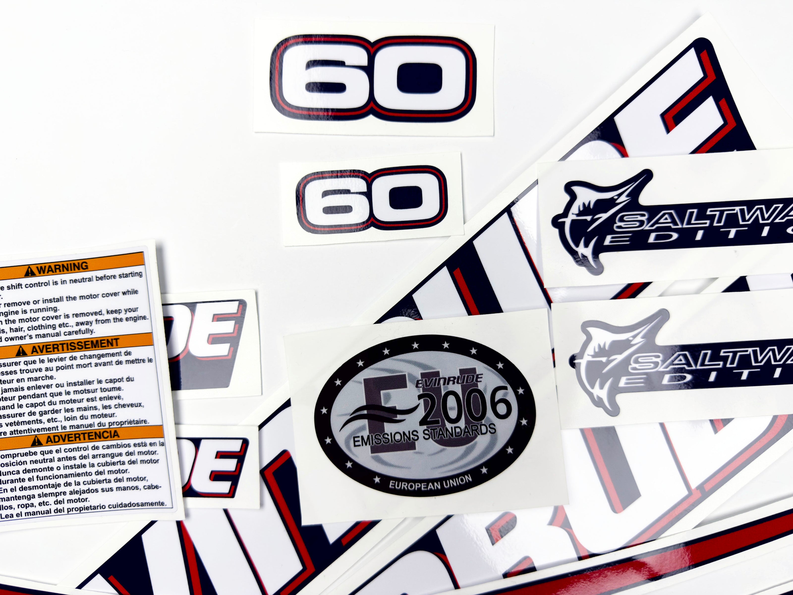 Vinyl graphic decals set suitable for Evinrude 60 hp two stroke outboard engine for blue cover cowling . Vinyl stickers kit for Ewinrude 60 hp two stroke Handmade