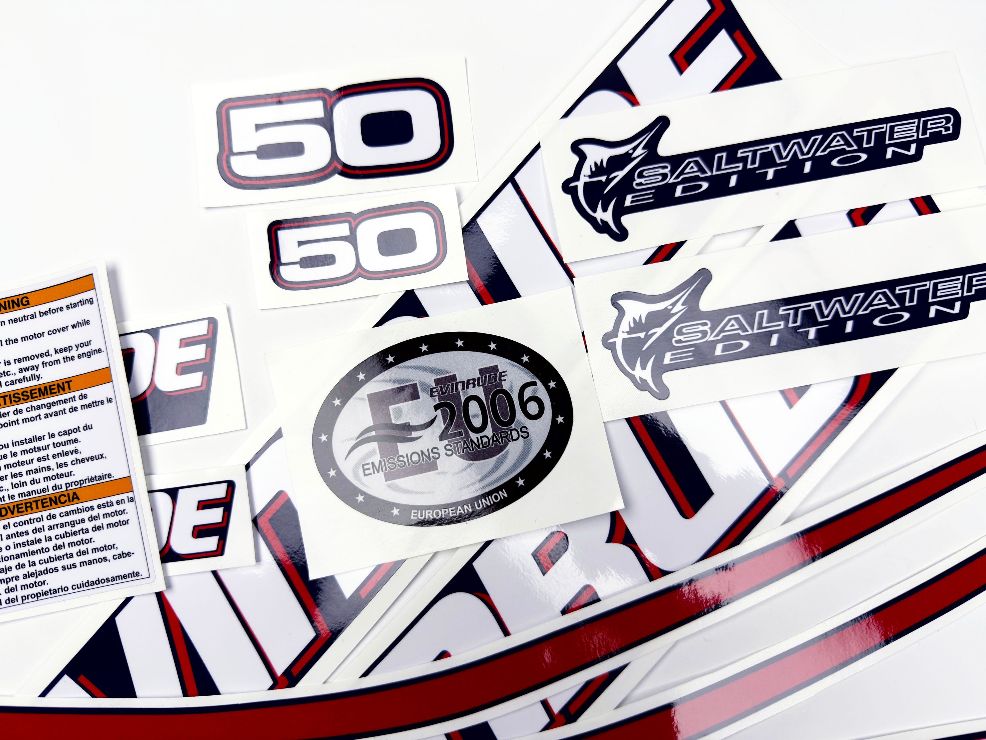 Vinyl graphic decals set suitable for Evinrude 50 hp two stroke outboard engine for blue cover cowling . Vinyl stickers kit for Ewinrude 50 hp two stroke Handmade