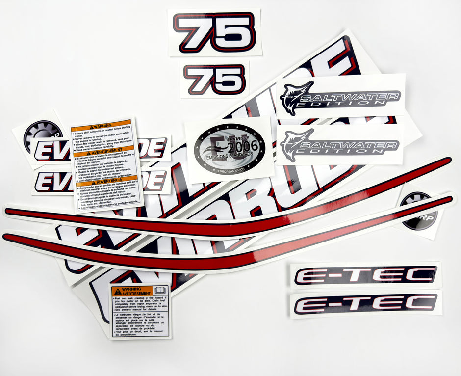 Vinyl graphic decals set suitable for Evinrude 75 hp two stroke outboard engine for blue cover cowling . Vinyl stickers kit for Ewinrude 75 hp two stroke Handmade