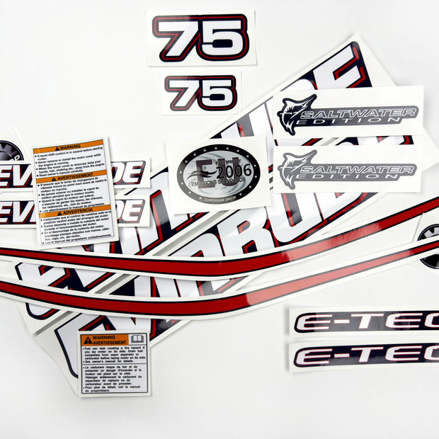 Vinyl graphic decals set suitable for Evinrude 75 hp two stroke outboard engine for blue cover cowling . Vinyl stickers kit for Ewinrude 75 hp two stroke Handmade