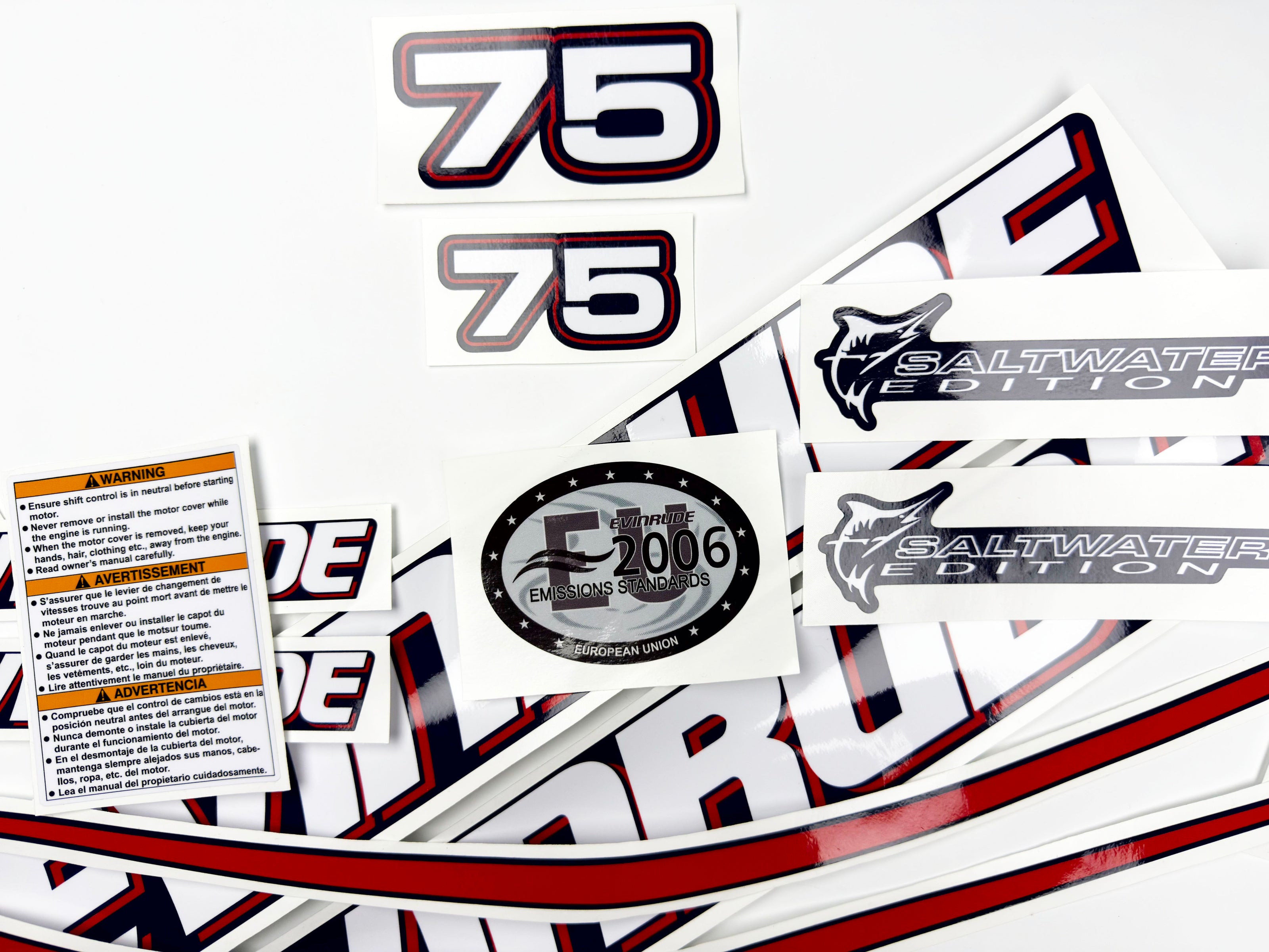 Vinyl graphic decals set suitable for Evinrude 75 hp two stroke outboard engine for blue cover cowling . Vinyl stickers kit for Ewinrude 75 hp two stroke Handmade