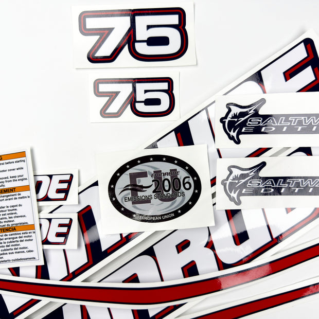 Vinyl graphic decals set suitable for Evinrude 75 hp two stroke outboard engine for blue cover cowling . Vinyl stickers kit for Ewinrude 75 hp two stroke Handmade