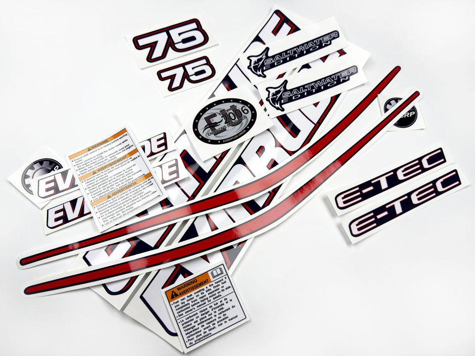 Vinyl graphic decals set suitable for Evinrude 75 hp two stroke outboard engine for blue cover cowling . Vinyl stickers kit for Ewinrude 75 hp two stroke Handmade