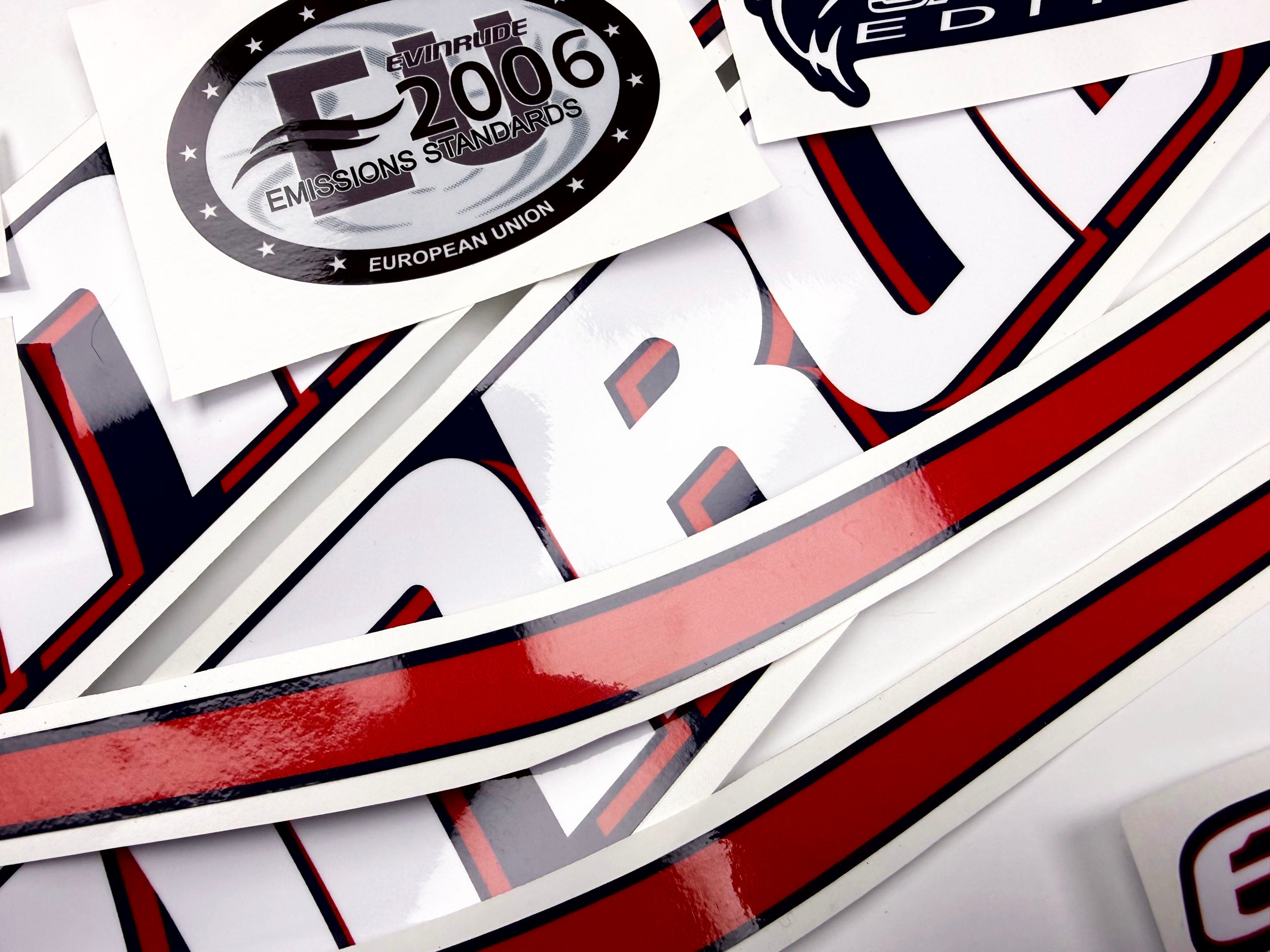 Vinyl graphic decals set suitable for Evinrude 75 hp two stroke outboard engine for blue cover cowling . Vinyl stickers kit for Ewinrude 75 hp two stroke Handmade