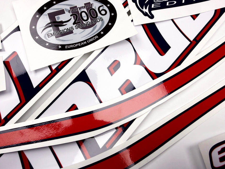 Vinyl graphic decals set suitable for Evinrude 75 hp two stroke outboard engine for blue cover cowling . Vinyl stickers kit for Ewinrude 75 hp two stroke Handmade