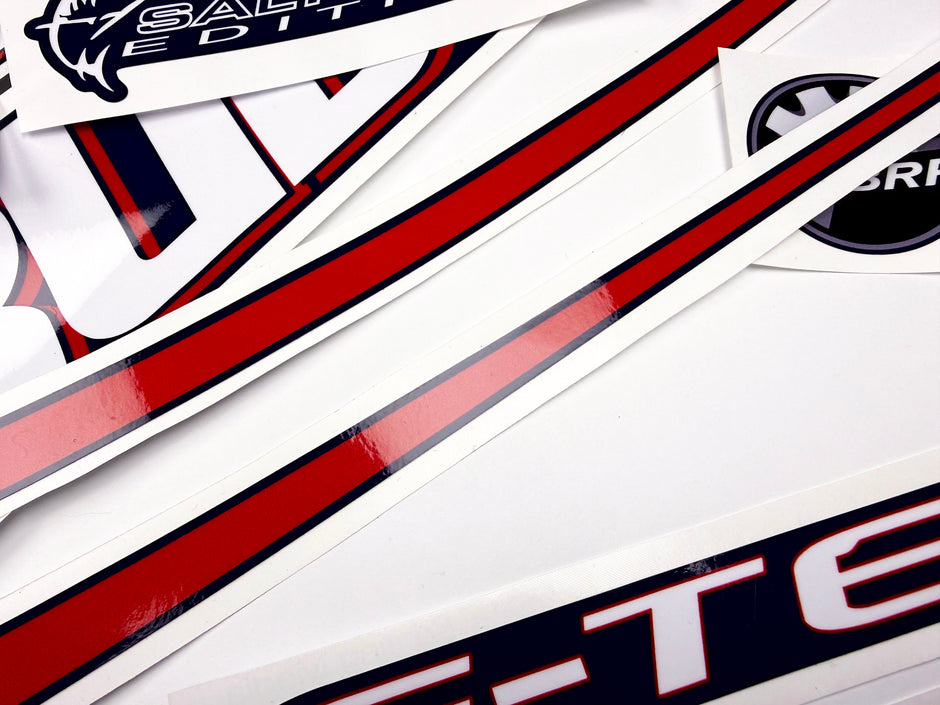 Vinyl graphic decals set suitable for Evinrude 75 hp two stroke outboard engine for blue cover cowling . Vinyl stickers kit for Ewinrude 75 hp two stroke Handmade