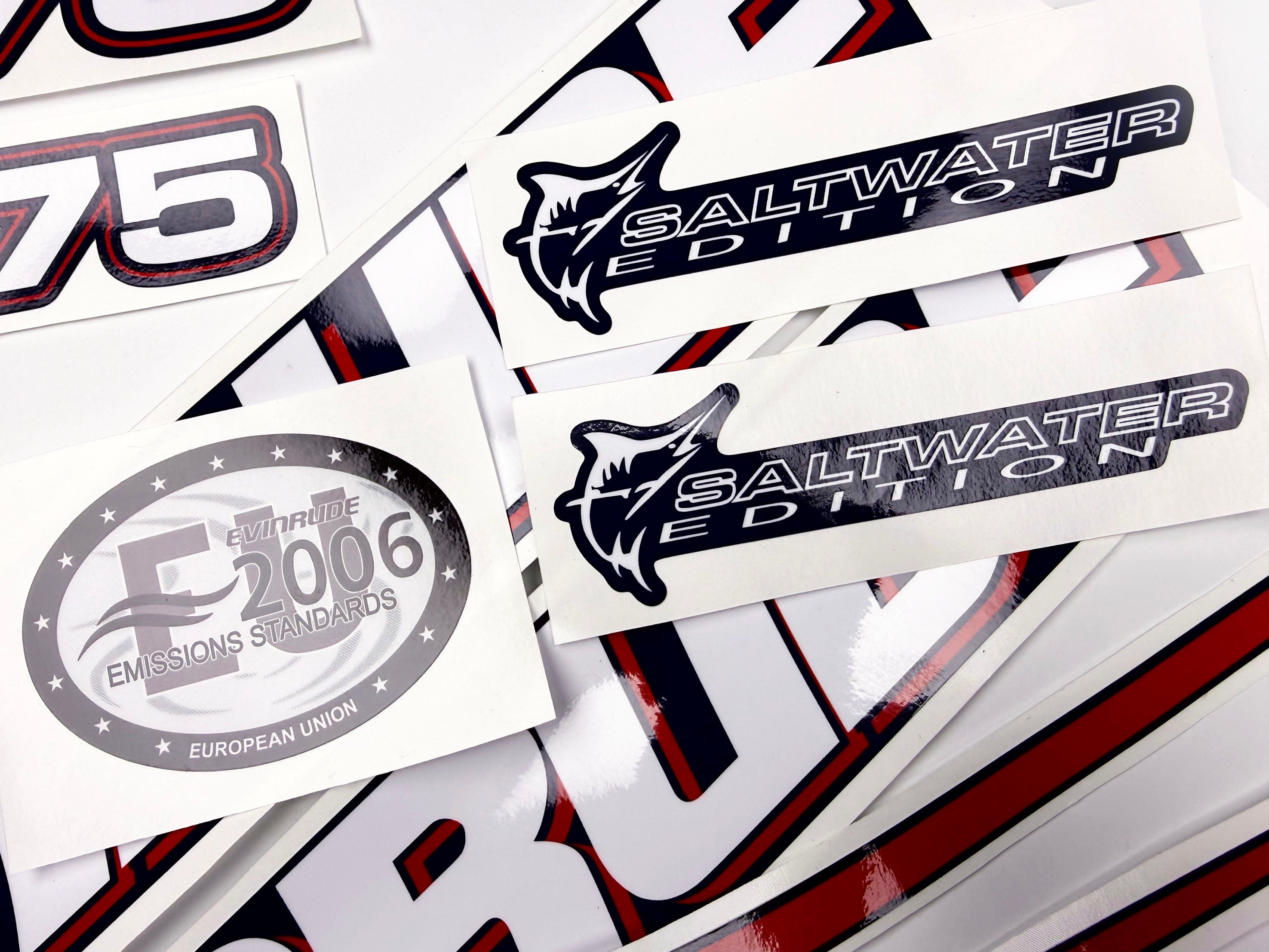 Vinyl graphic decals set suitable for Evinrude 75 hp two stroke outboard engine for blue cover cowling . Vinyl stickers kit for Ewinrude 75 hp two stroke Handmade