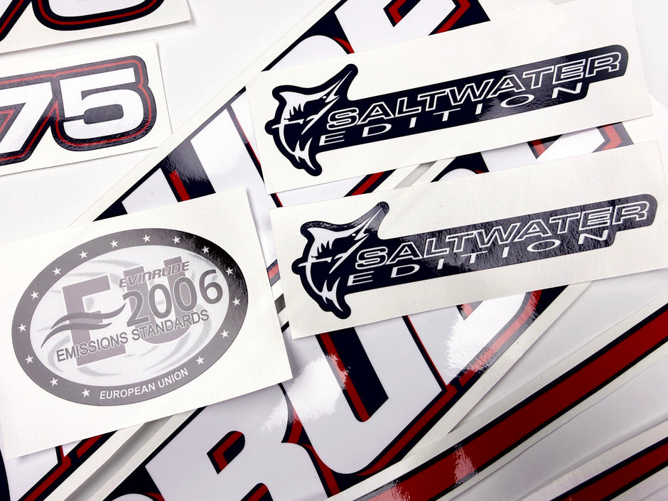 Vinyl graphic decals set suitable for Evinrude 75 hp two stroke outboard engine for blue cover cowling . Vinyl stickers kit for Ewinrude 75 hp two stroke Handmade