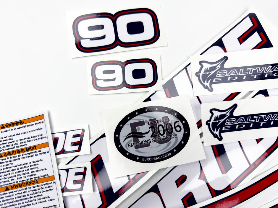 Vinyl graphic decals set suitable for Evinrude 90 hp two stroke outboard engine for blue cover cowling . Vinyl stickers kit for Ewinrude 90 hp two stroke Handmade