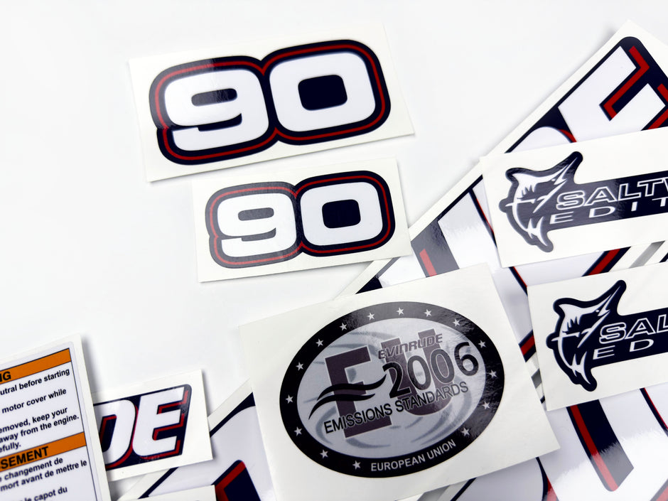 Vinyl graphic decals set suitable for Evinrude 90 hp two stroke outboard engine for blue cover cowling . Vinyl stickers kit for Ewinrude 90 hp two stroke Handmade