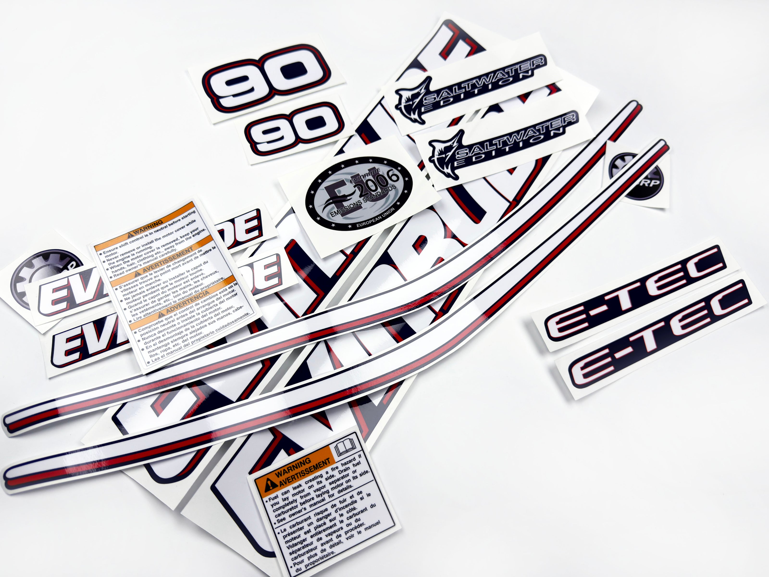Vinyl graphic decals set suitable for Evinrude 90 hp two stroke outboard engine for blue cover cowling . Vinyl stickers kit for Ewinrude 90 hp two stroke Handmade